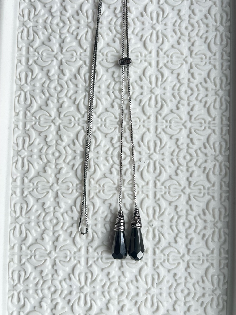 CAROLINE NERON Long Silver-Tone Necklace, Black Teardrop Pendants, with DEFECT